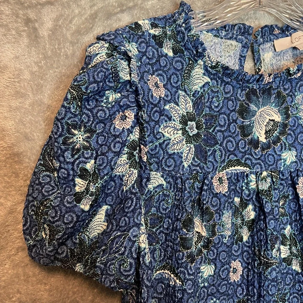 LOFT Women Floral A-Line Stretchy Knit Ruffle Puff Sleeve Office Top M Blue
